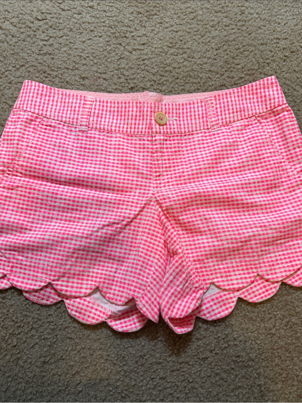 Vibrant Coral Gingham Scallop Hem Women’s Shorts
